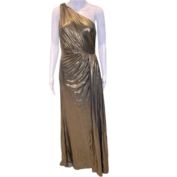 NWT Ieena for Mac Duggal 26537 Gold Metallic Draped One Shoulder Gown- Sz 2 & 4 - Picture 3 of 11